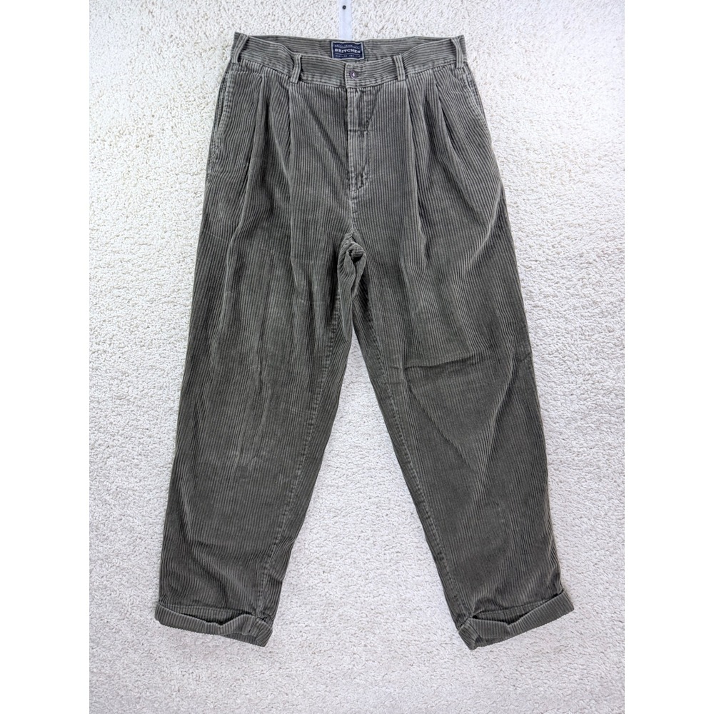 Britches Corduroy Pants Mens 36x30 Green Gray Pleated Cuffed Vintage